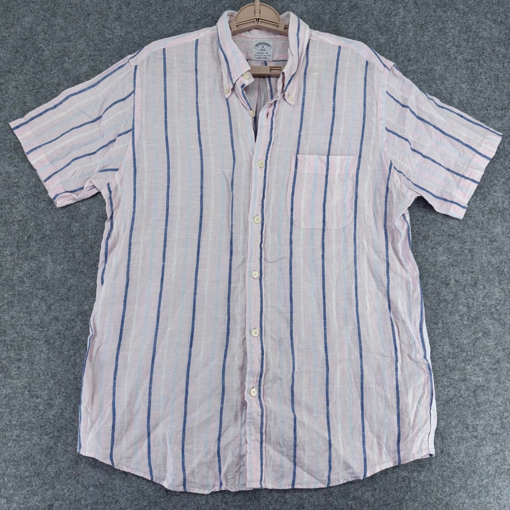 Brooks Brothers Regent Fit Linen Shirt Mens M Pink Blue Striped Short Sleeve